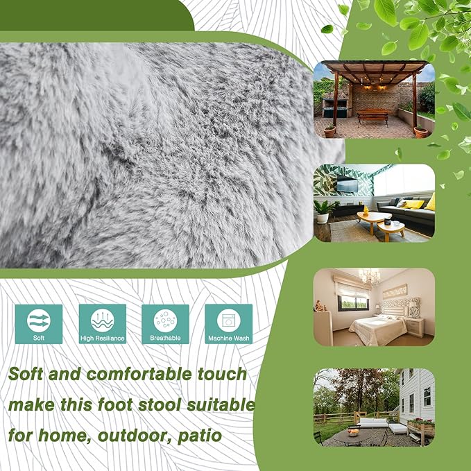 15 Foldable Foot Stool Ottoman with Metal Frame - Washable Faux Fur Grey Upholstered Indoor/Outdoor Footrest for Living Room Bedroom Patio - Space-Saving Compact Design