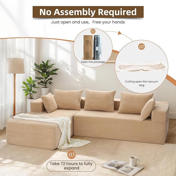 105 Modular Sectional Couches for Living RoomBoneless Couch with L-Shape ChaiseComfy Corduroy Sectional SofaNo Assembly RequiredBeige
