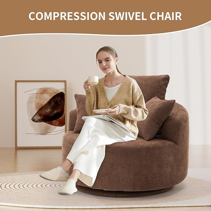 40” Brown Round Swivel Chair with 3 Pillows &amp Thick Cushion Oversized 360° Swivel Accent Chair Modern Boucle Armchair for Nursery Living Room Bedroom Club