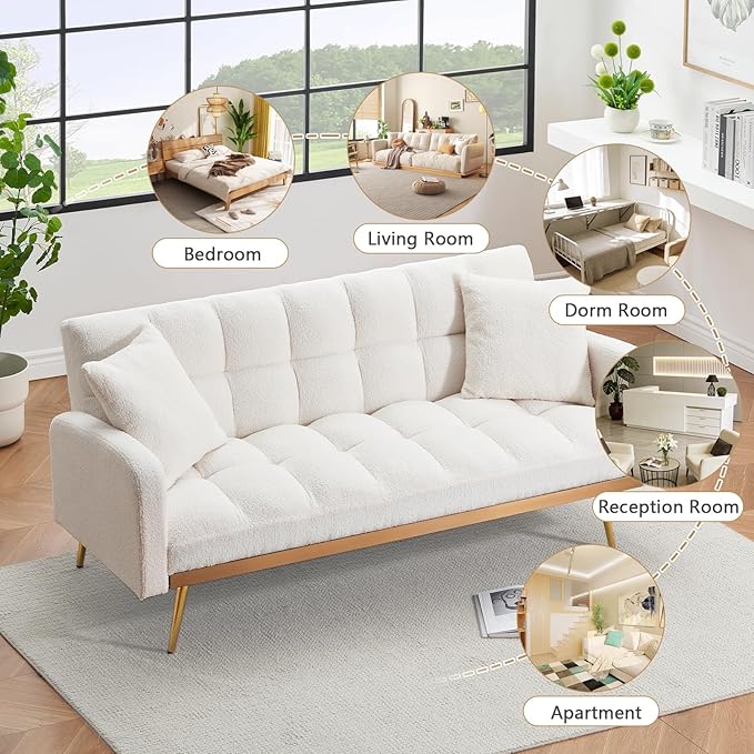 Teddy Futon Sofa Bed69 Modern Small Love Seat Couch for Small SpacesConvertible Tufted Sleeper Sofa Loveseat Couch Bed with Gold Metal Legs for Living RoomBedroom (Teddy Beige)