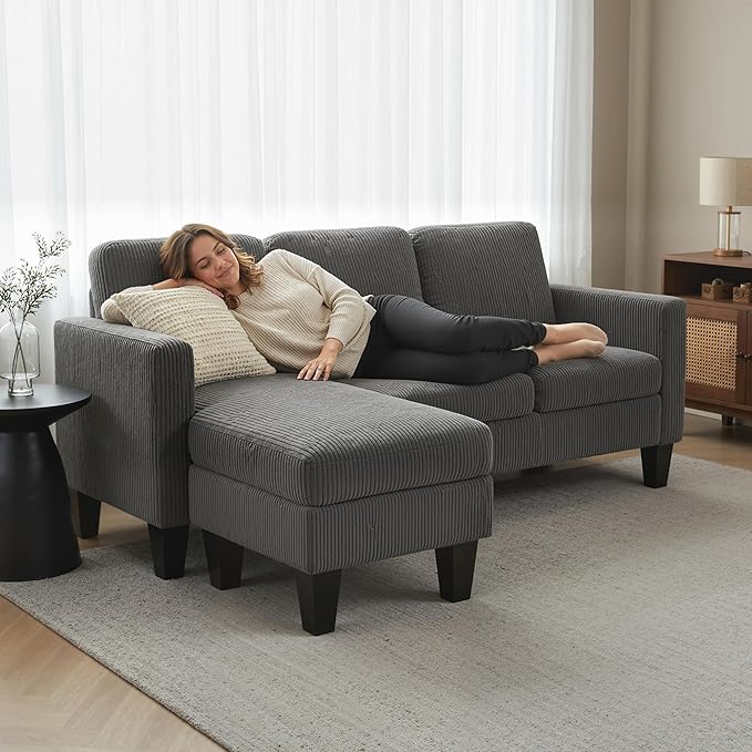 HOMCOM 73 Sectional Sofa L Shaped Couch with Reversible Chaise or Ottoman Corduroy 3 Seat Sectional Couch for Living Room Bedroom Apartment 2200lb Capacity Dark Gray