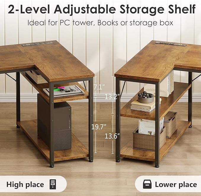 AODK 55 inch L Shaped Computer Desk with Drawers Reversible Computer Desk with Storage Shelves Home Office Desk with Built-in Power Outlet Rustic Brown
