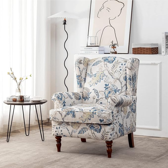 MELLCOM Floral Accent Chair High Back Upholstered Armchair with Solid Legs Leisure Single Sofa Chair for Living Room Bedroom Home Office Blue Floral