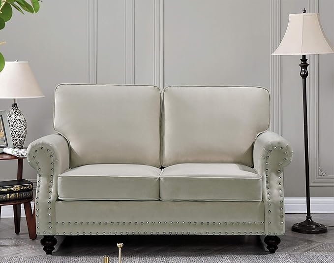 Lotus Mid Century Modern Velvet Upholstered Living Room Rolled Arms Loveseat Beige