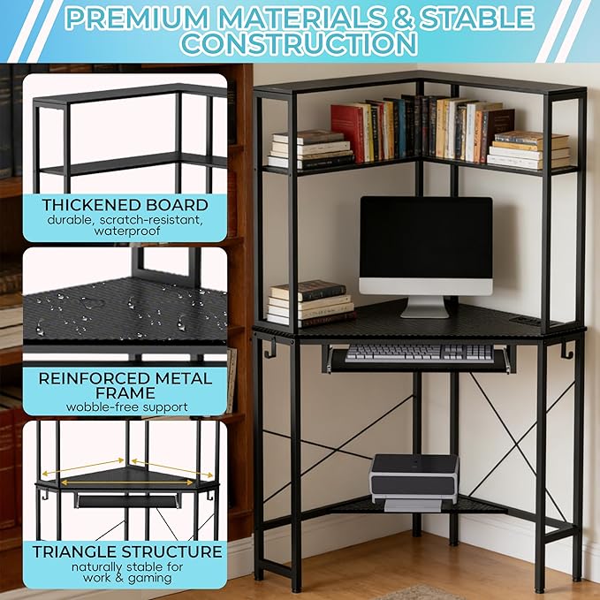 Corner Desk with Hutch and LED Lights Corner Computer Desk with Keyboard Tray and Monitor Stand Small Computer Desk for Small Spaces Home Office（Carbon Black）