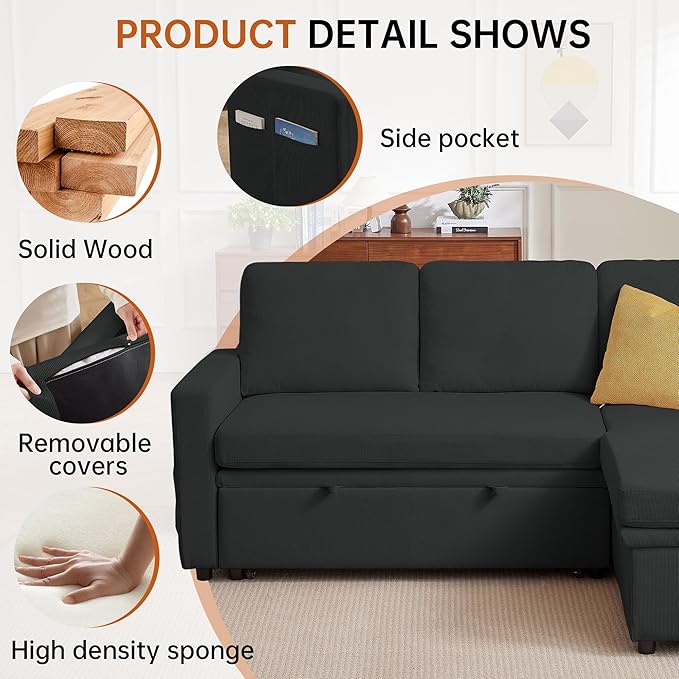 79 Sleeper Sofa Bed Convertible Sofa Pull Out Couch with Storage | Reversible Chaise | L Shaped | Layered Storage | 3-Seater Comfy Sectional Couch Pullout Bed for Living Room Black