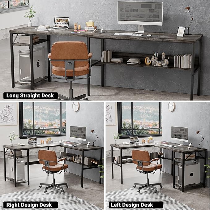 Unikito Reversible L Shaped Desk with Magic Power Outlets and USB Charging Ports Sturdy Corner Computer Desk with Storage Shelves Gaming Desk for Home Office Easy to Assemble Black Oak