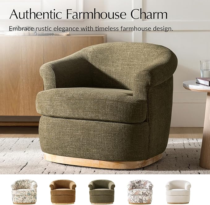 HULALA HOME Swivel Barrel Chair with Rolled Arms Upholstered Fabric Swivel Round Armchair with Removable Cushion Solid Wood Base for Living Room Bedroom Moss