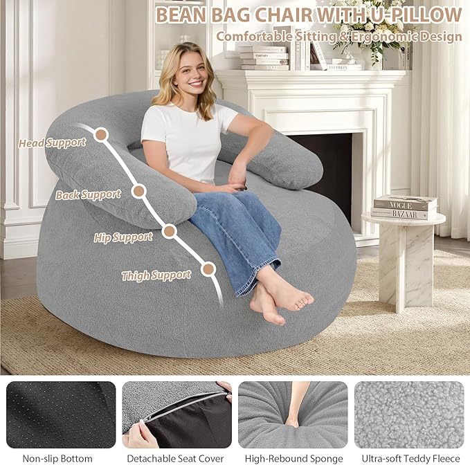 HABUTWAY Giant Bean Bag Chair Oversized Beanbag Chair with Filler Ultra Soft Teddy Fleece Bean Bag Lounge Floor Sofa w/U-Shaped Pillow for Gaming Reading Light Grey &amp Light Grey