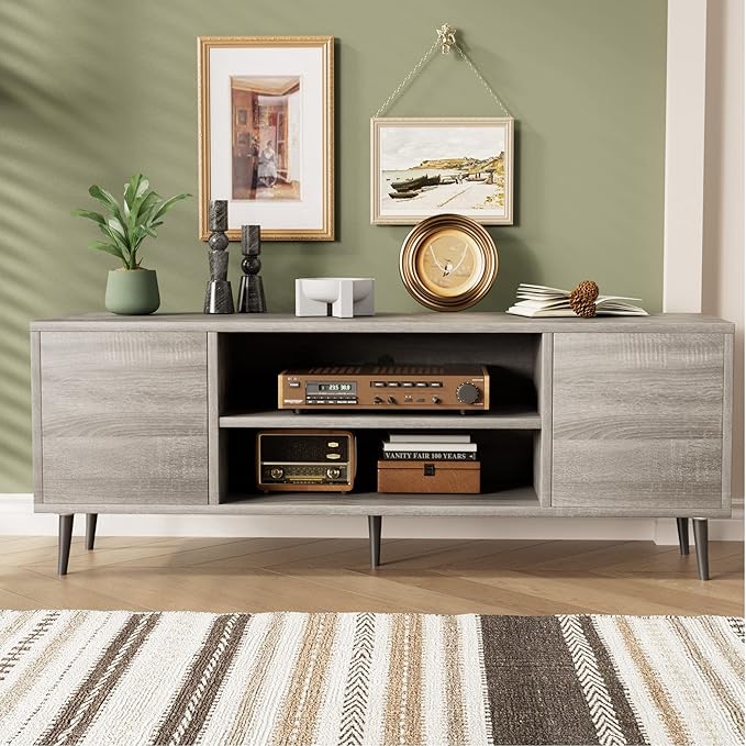 JUMMICO TV Stand for 65 Inch TV Mid Century Modern TV Stand Entertainment Center with Storage Cabinet and Open Shelves TV Console Table Media Cabinet for Living Room and Bedroom (Gray)