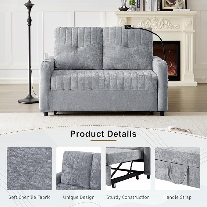 Modern Loveseat Pull-Out Sofa Bed Chenille Sleeper Sofa Couch with Adjustable Backrest 2 Cup Holders Phone Holder 3 Charging Ports and Side Storage Pockets for Living Room (Grey)
