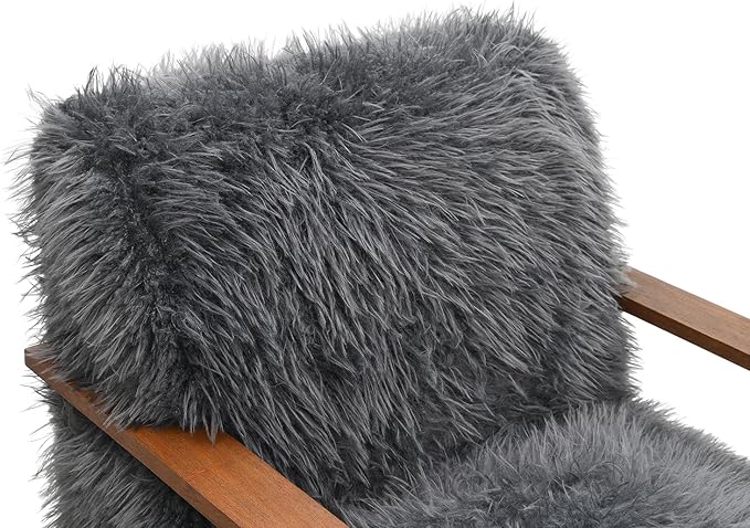 Comfortable Faux Fur Reading ChairModern Luxury Accent Chair Side Chairs with Curved Wooden Armrests for ApartmentLiving RoomOfficeStudyCharcoal Grey