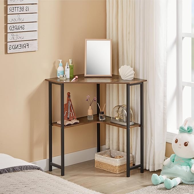 VECELO Small Corner Computer Desk 33 x 23 inches with Storage Shelves for Small SpacesTriangular ShapeBrown