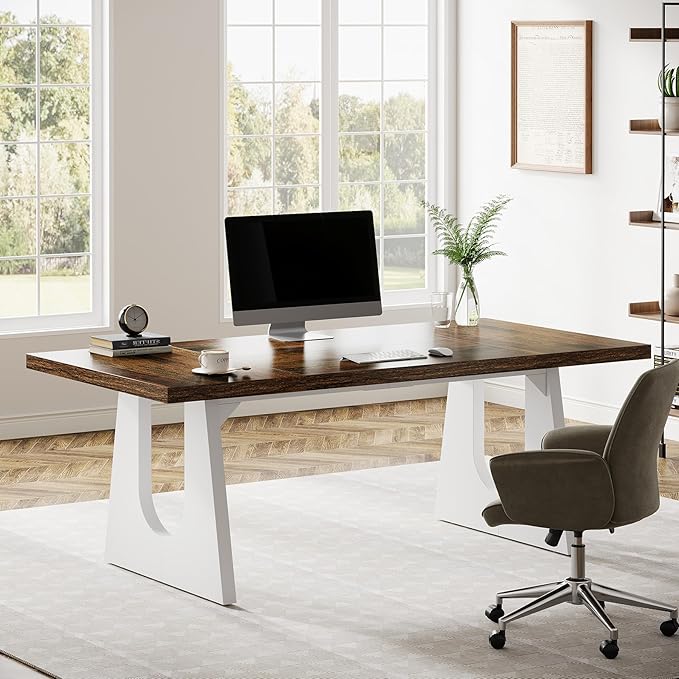 Tribesigns 70.86-Inch Executive Desk Large Computer Office Desk with Double Wood Pedestal Modern Simple Style Rectangle Writing Table for Home Office (Brown &amp White)