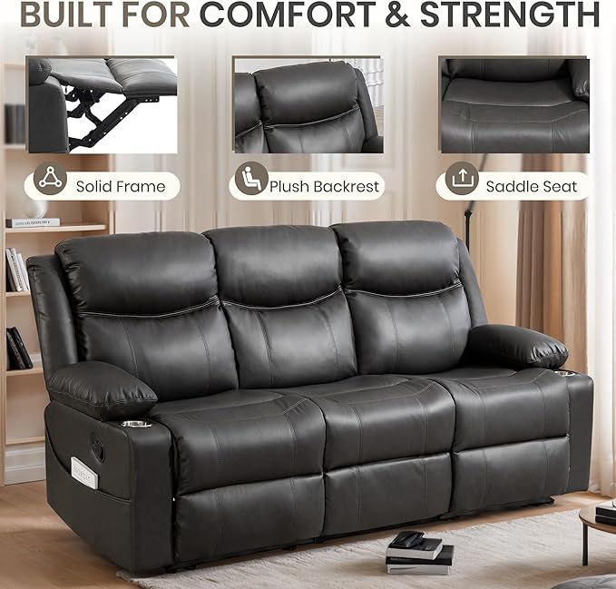 Manual Reclining 3-Seater Sofa with Heat &amp Massage PU Leather Recliner Couch for Living Room Faux Leather Upholstery Deep Cushions &amp Sturdy Frame (Grey)