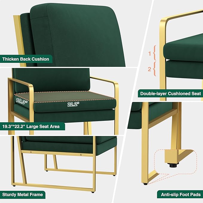 ALISH Accent Chairs Upholstered Armchair Modern Living Room Chairs Linen Arm Chair Side Sofa Chairs Reading Chairs with Metal Legs for Bedroom Living Room (Green Set of 1)
