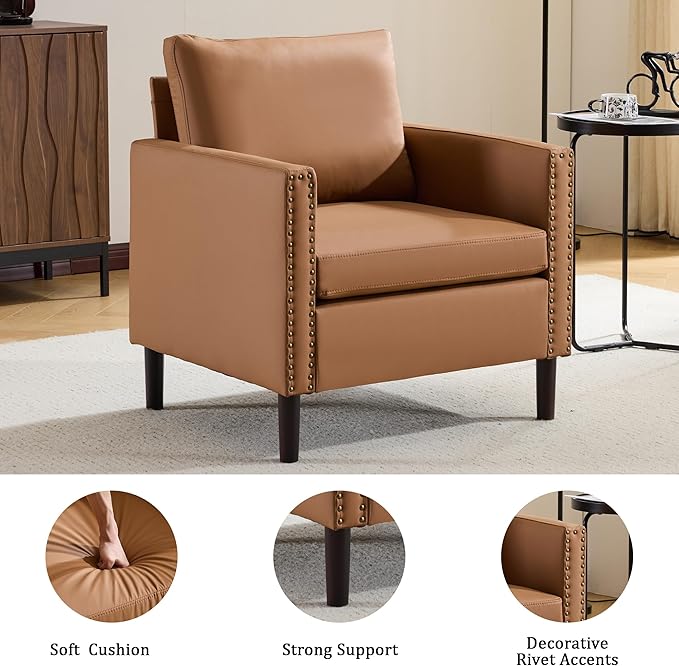 Sepnine Modern Accent Chair Mid-Century Faux Leather Armchair for Living Room Comfy Upholstered Club Chair Sofa Chair with Decorative Rivet Accents for Bedroom Reading Room (Brown 1 Pack)