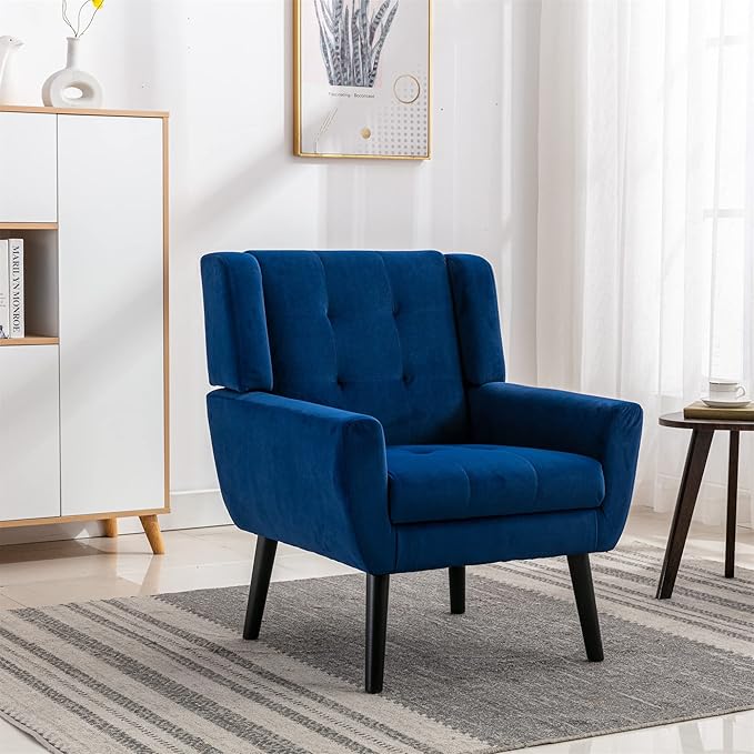 Modern Accent Chair Oversized Accent Chair Corner Chair Mid Century Modern Chair Comfy Reading Chair Upholstered Armchair Modern Chairs for Living Room (Blue Velvet)