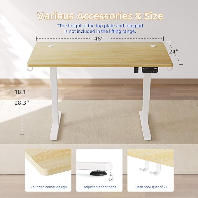 YIHAYO Low Height Adjustable Desk Lifts 18.1-28.3 Inches Electric Standing Desk for Short People 48 x 24 Inches Computer Table with Splice Board for Home Office Natural