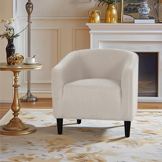 Modern Accent Chair Upholstered Barrel Armchair Single Sofa Lounge Chair with Wood Legs Comfortable Lounge Chair for Living Room Bedroom Office Small Spaces Light Gray