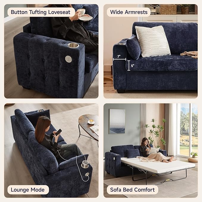 ONBRILL Pull Out Sofa Bed Chenille Full Size Sleeper Sofa Bed with Cup Holder and USB Port 76 inch Couch Bed with Memory Foam Button Tufting Loveseat Couch for Living Room Blue