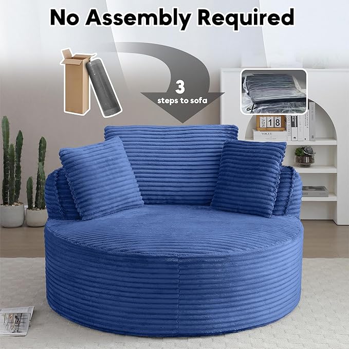 Oversized Round Chair Lounge Chaise Indoor 53.5 Corduroy Boneless Round Chair Fluffy Single Deep Seat Cloud Sofa Chairs Modern Circle Chaise Lounge for Bedroom Living Room Blue