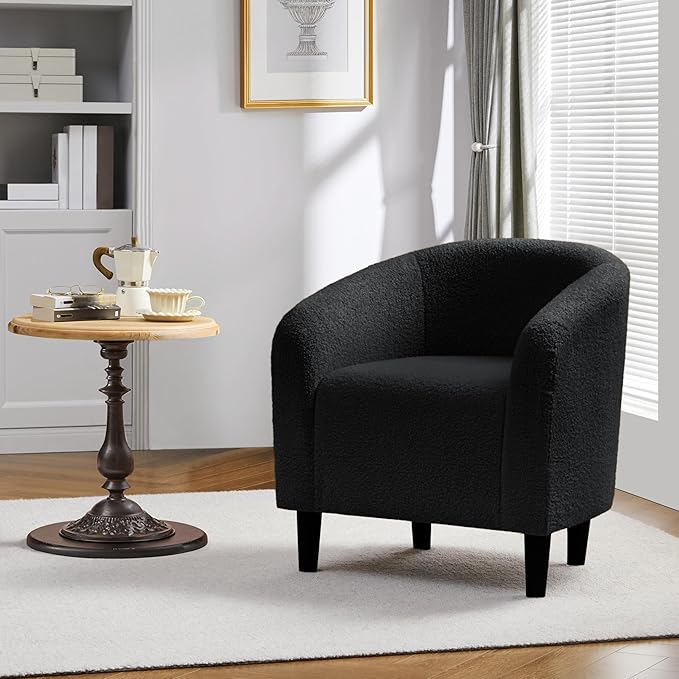 Yaheetech Accent Barrel Chair Boucle Fabric Club Chair Furry Sherpa Elegant Armchair with Cozy Soft Padded Suitable for Living Room Bedroom Reception Office Black