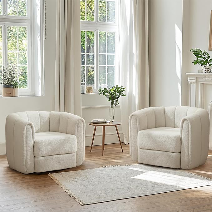 KEIKI Swivel Accent Chair Set of 2 Comfy Upholstered Barrel Armchair for Living Room White and White