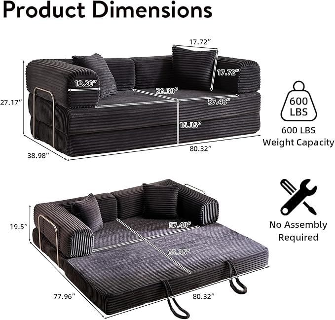 4-in-1 Convertible Folding Sleeper Sofa Bed Plush Corduroy Foldable Mattress Couch with Fixed-Shape Frame Floor Compressed Sofa for Living Room Bedroom (Dark Grey)