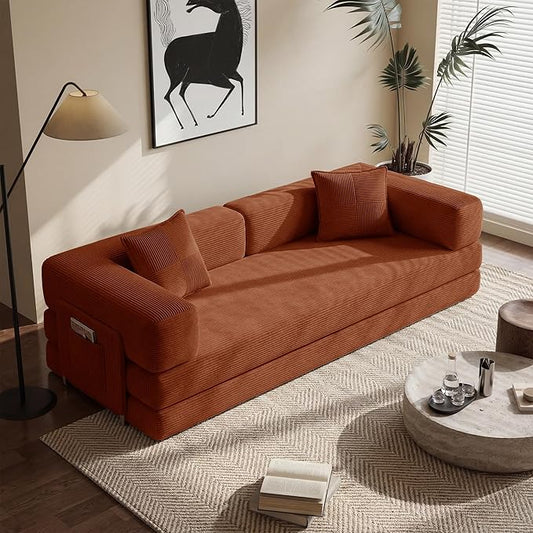 Convertible Floor Sofa Couch | 98.4’’ Folding Futon Sofa with Storage Pocket Oversized Corduroy Loveseat Sleeper Sofa with Pull Out Bed Modular Sectional Sofa for Apartment | Orange