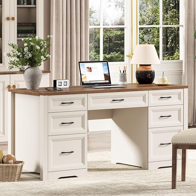 Vabches Farmhouse Executive Desk with File Drawer Home Office Desk with Ample Storage Rustic Office Desk with Spacious Tabletop for Work Brown