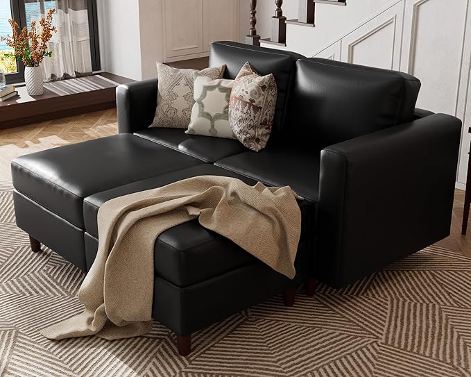 ABCASA Faux Leather Loveseat Sofa Sleeper Bed with Storage Seat 64.6 Modular Sectional Couch Deep Seat with Reversible Chaise 2-Seat Black