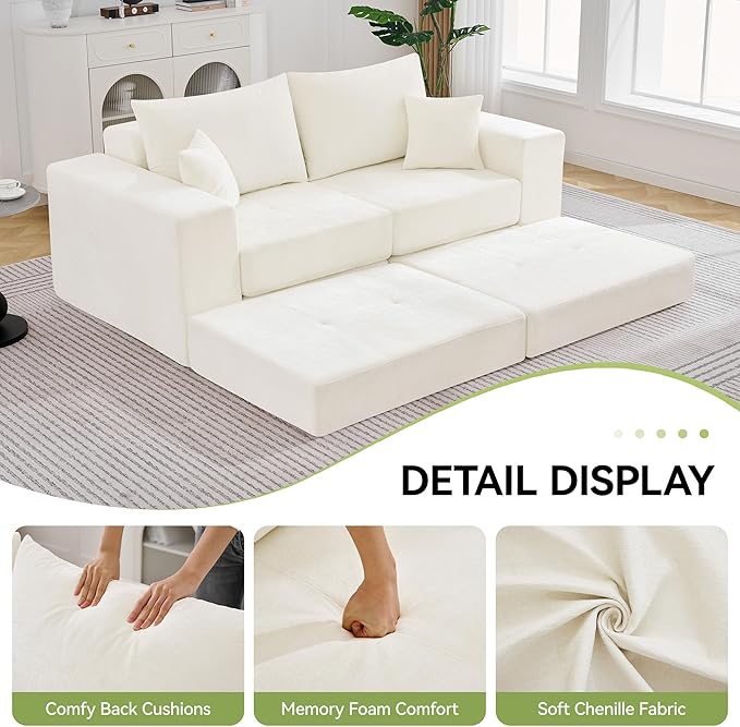79 Boneless Cloud Loveseat Sofa Couch Modular Tufted Foldable Floor Sofa with Ottoman Chenille Lounge Convertible Sofa Bed for Living Room No Assembly Beige
