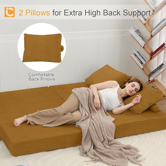 COMAX Convertible Sofa Bed Folding Floor Couch Corduroy Fold Out Couch Bed Futon Sleeper Mattress with Pillows Boneless Sofa Comfy Lounge Loveseat for Living Room Bedroom Yellow