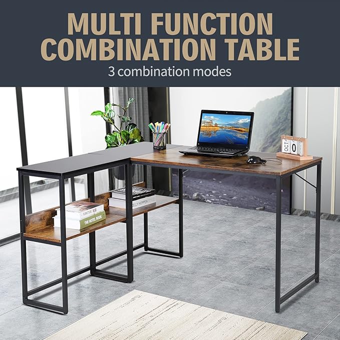 UNICOO® 3 Combination L Shaped Corner Desk with Shelves Computer Desk with Drawers Home Office Writing Study Bookshelf Desk Combo Multi-Function 4 Tier Reversible Storage Bookshelf (XJH-2402)