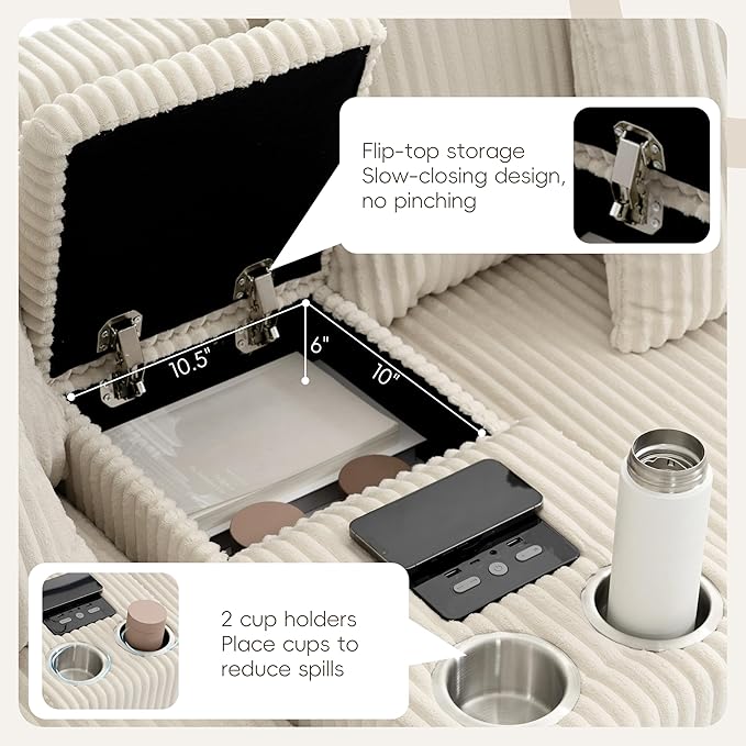 Sectional Sofa Corduroy Cloud Sofa with Bluetooth Speakers L-Shaped Couch with Console USB Charger Cup Holders Storage 6 Seats Deep and Wide Seat Couch for Living Room (Cream)