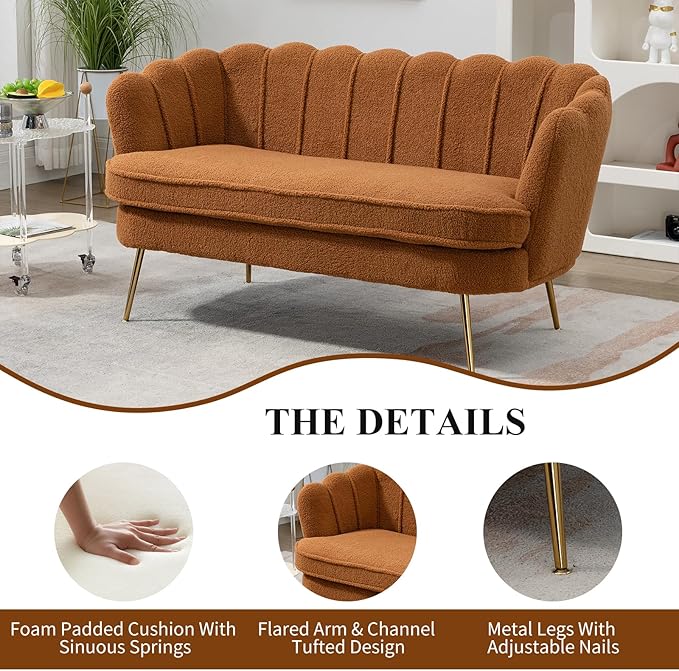 59 Wide Loveseat Sofa Boucle Upholstered Small Couch with Petal-Shaped Design Modern Leisure Sofa with Gold Metal Legs Mini Room Couch for Bedroom (Caramel-Boucle)