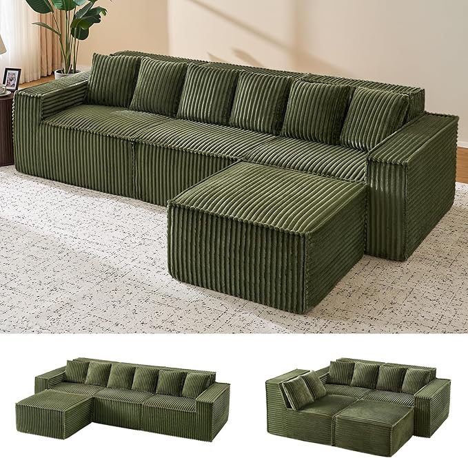 ONBRILL 112.6 Modular Sectional Sofa Comfy Corduroy Boneless Couch with Ottoman Memory Foam Modern Minimalist Cloud L Shaped Couch for Living Room No Assembly Required Green