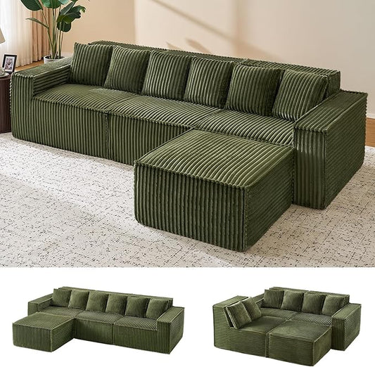 ONBRILL 112.6 Modular Sectional Sofa Comfy Corduroy Boneless Couch with Ottoman Memory Foam Modern Minimalist Cloud L Shaped Couch for Living Room No Assembly Required Green