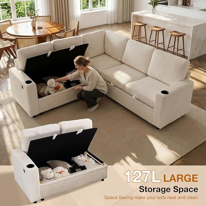 83 Sleeper Couch with Pull Out Sofa Bed 5-Seater Sectional Couches for Living Room L-Shaped Couch with Storage USB Port &amp Cup Holder Corduroy Convertible Corner Sofa for Apartment