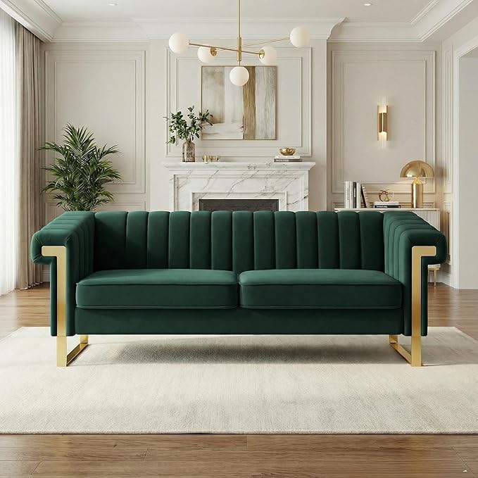 Luxury Velvet 3-Seater Sofa Mid-Century Modern Couch with Gold Metal Legs Waterfall Stitched Back Removable Cushions for Living Room Durable &amp Comfortable (Green)