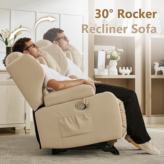 URRED Manual Loveseat Recliner Sofa with Console Rocker Recliner Couch with Bluetooth Speakers USB Ports &amp AC Outlets Cup Holders and Side Pocket for Living Room &amp Home Theater (Leathaire B