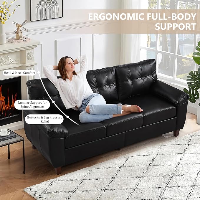 2+3 Seat Modular Sofa Set Faux Leather Sectional Couch with Deep Seats &amp Wide Armrests Mid-Century Tufted PU Upholstered Sofa Set for Living Room Apartment Office Vintage Storage Couch Black