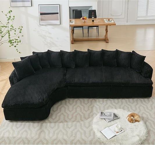 WILLIAMSPACE 127 Oversize Curved Sectional Sofa Foam Couch for Living Room Modern Upholstered Floor Foam Sofa L-Shape Curved Couch 5 Seater Sofas with 10 Cushions Corduroy Left-Facing Black
