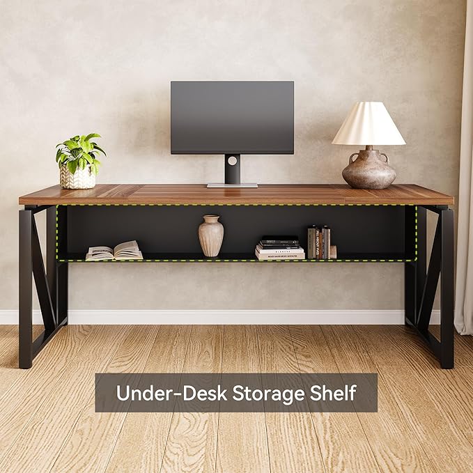 LITTLE TREE 63-Inch Executive Office Desk Large Computer Desk with Storage Shelf Executive Desk with Metal Frame Study Writing Desk Work Station for Home Office Brown + Black