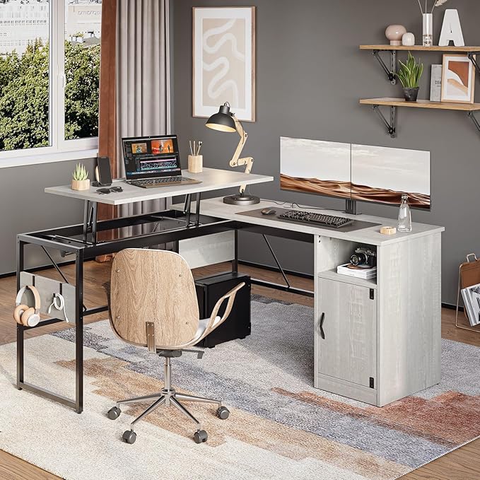 Bestier Versatile 60 Inch L-Shaped Standing Desk Lift Top Corner Desk Extending to 95 Inches with Storage Cabinet and Hooks for Home Office Washed White