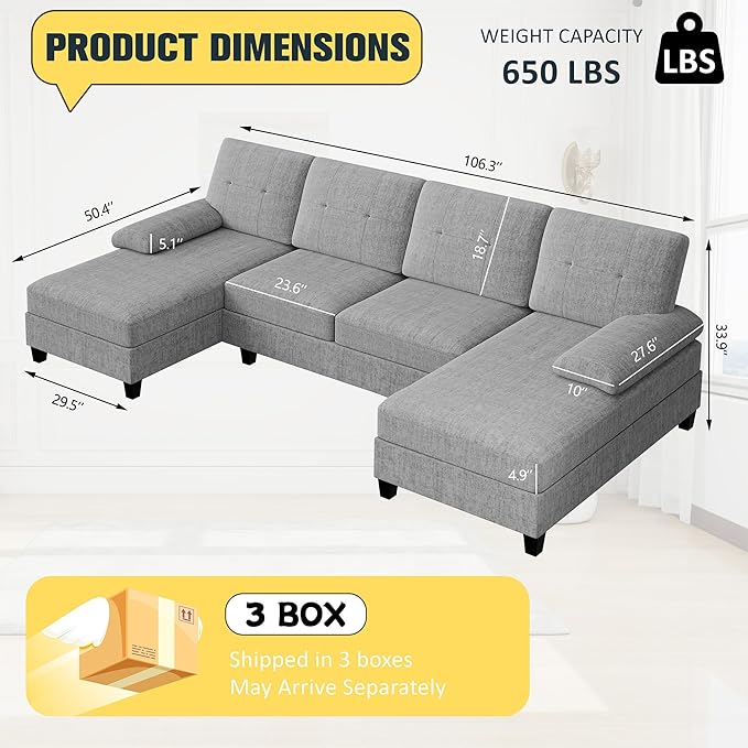 JY QAQA Sectional Couche with Soft Cushion U-Shaped Sofa with Double Chaise 4-Seat Linen Fabric Sofa Sets for Living Room Apartment Taupe