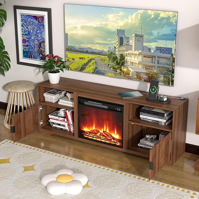 Fireplace TV Stand for Television up to 80 InchEntertainment Center with Adjustable ShelfMid-Century Modern Fluted TV Stand with 23 Electric FireplaceMedia Console for Living RoomBedroom