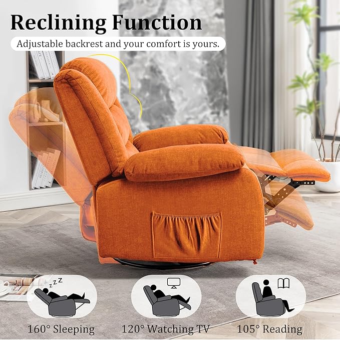 Recliner Chair Wide Rocker Chair Rocking Chair with Massage and Heat360°Swivel Nursery Rocking Chairs Oversized Recliner for Adults Cashmere Reclining Sofa for Living Room Orange