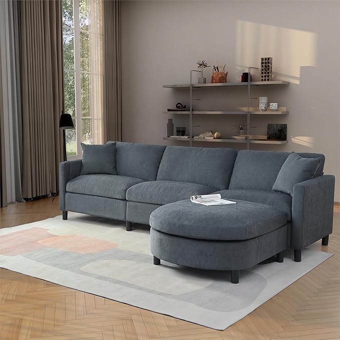 kevinplus 107.87'' Sectional Sofa Couch with Curved Convertible Ottoman for Living Room Modern 3-Seat L-Shaped Upholstered Sectional Couch Sofa for Apartment Polyester Fabric Gray